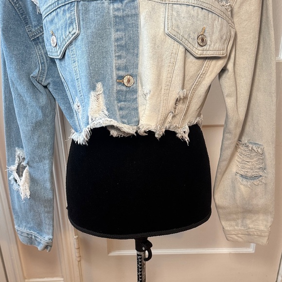 SHEIN Blue Two Tone Distressed Denim Jacket Women’s Size L - Picture 3 of 14